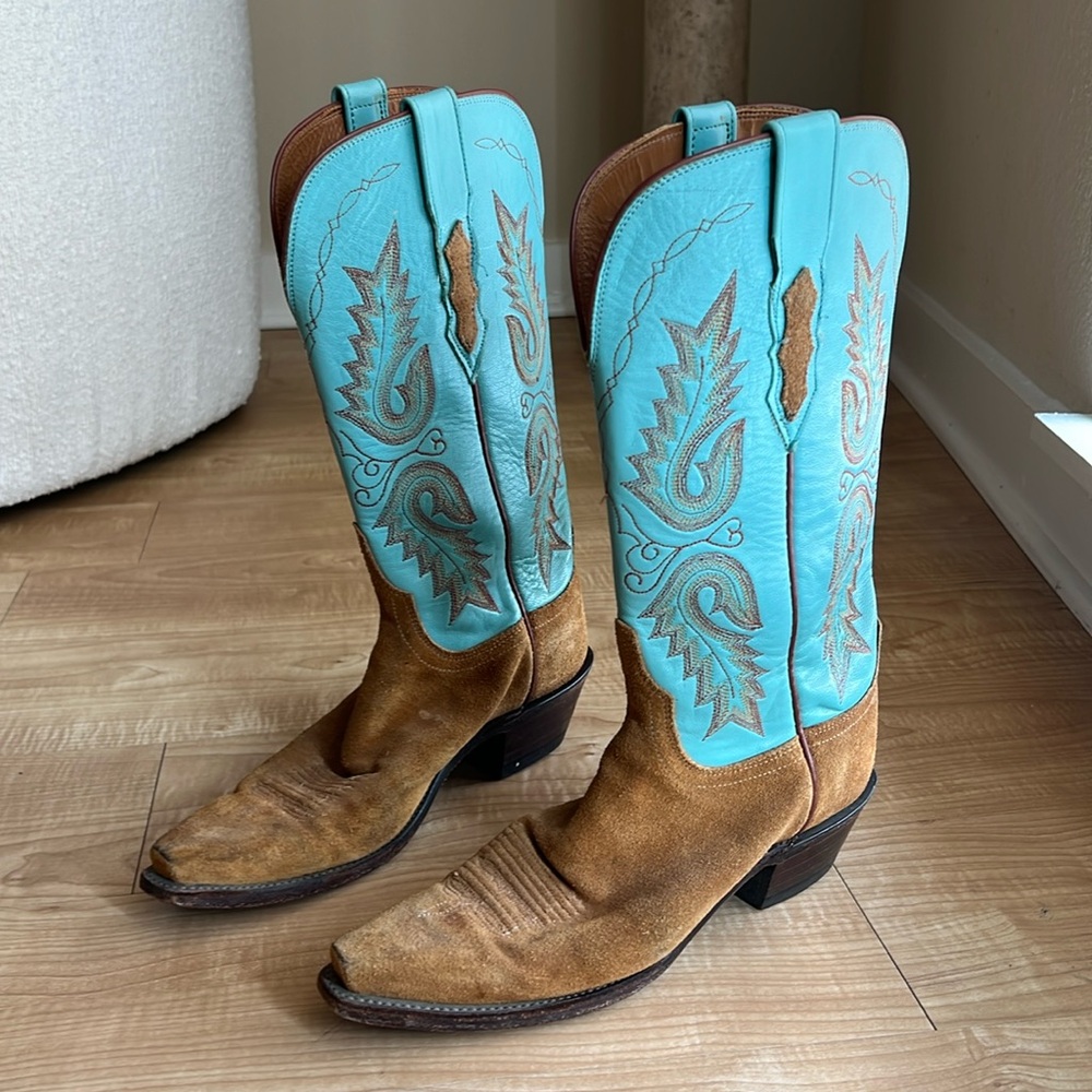 Lucchese 1883 Women’s Turquoise and Brown Suede Cowboy Boots Size 7.5